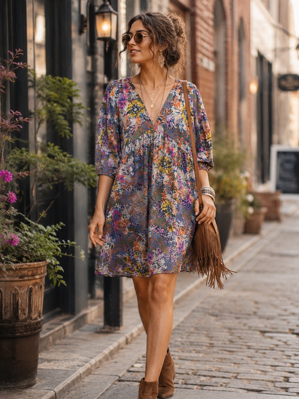 AKEMI + KIN Women's Valencia Colorful Floral Plunge V-neck Puff Sleeve Dress XL